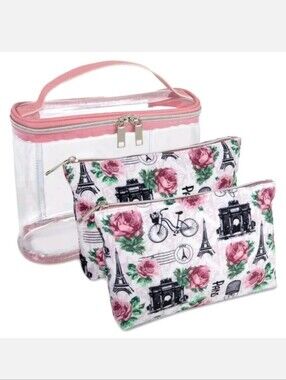 Emma & Chloe Travel Pink Paris Train Case 3 Piece Set NWT Christmas Gift $21